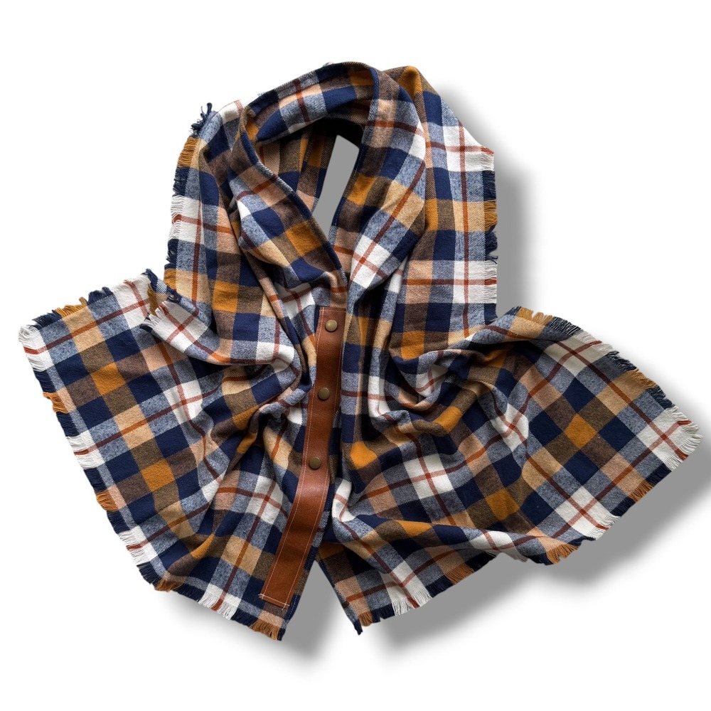 Navy Mustard Plaid‎ Wrap Faux Leather Trim Snap Front Fringe Scarf Poncho Boho